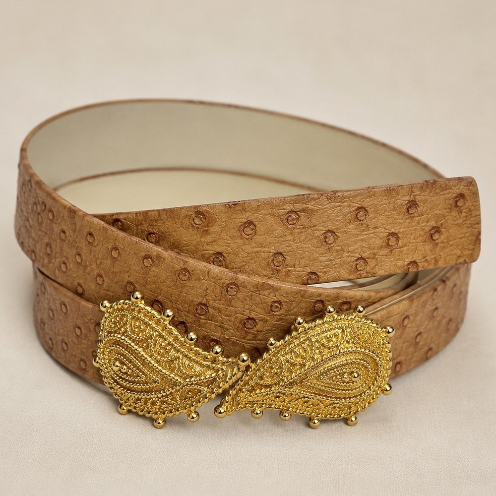 Vintage Mimi Di N 1991 Tan Ostrich‎ Embossed Belt Gold Paisley Buckle Womens
